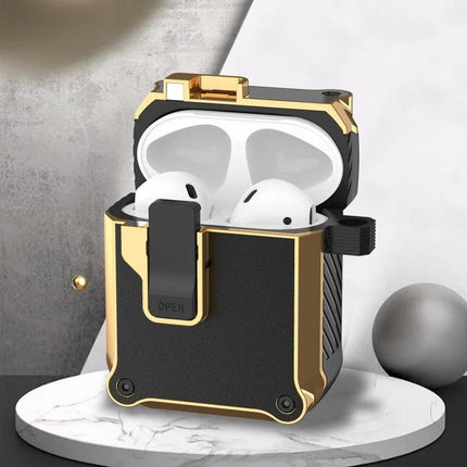 Protective Case for AirPods During Daily Commutes and Activities - rugged black and gold AirPods case with carabiner for secure everyday use