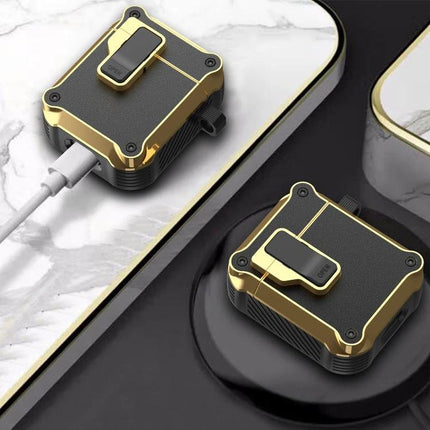 Protective Case for AirPods During Daily Commutes and Activities - compact gold-black protective case with carabiner and charging access