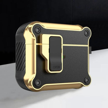 Protective Case for AirPods During Daily Commutes and Activities - compact gold and black protective case with carabiner clip for easy access
