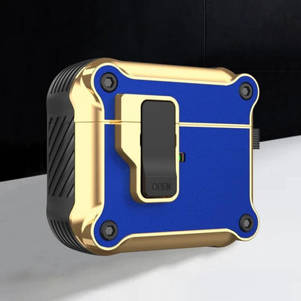 Protective Case for AirPods During Daily Commutes and Activities - blue gold compact case with carabiner clip for gym and travel