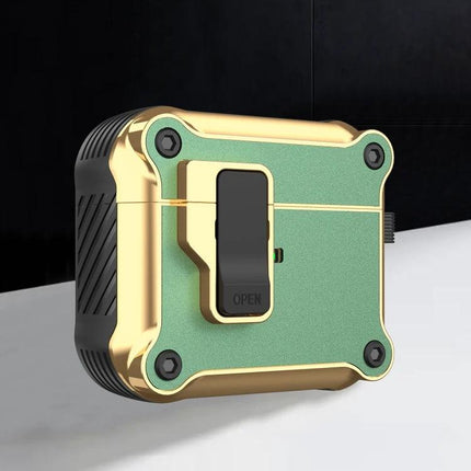 Protective Case for AirPods During Daily Commutes and Activities in green and gold with carabiner-ready clip