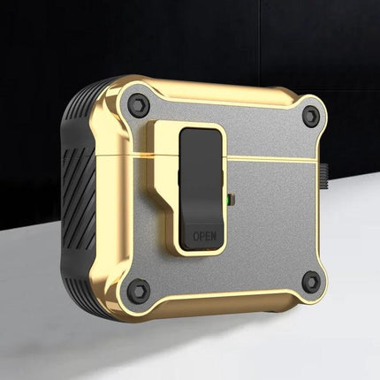 Protective Case for AirPods During Daily Commutes and Activities - compact gold-gray rugged case with carabiner-ready clip