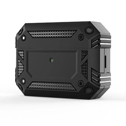 AirPods Protective Cover for Everyday Travel Protection shown in rugged black dust-proof, drop-resistant case that allows charging without removal