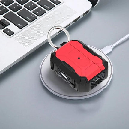 Simple Protective Cover for AirPods Pro 2 Daily Use red rugged dust-proof case with keyring on wireless charger near laptop
