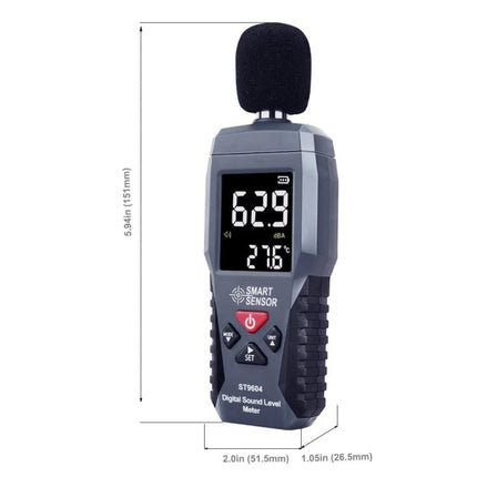 SmartSensor Decibel Detector for Everyday Noise Monitoring compact digital sound level meter showing 62.9 dBA and temperature reading