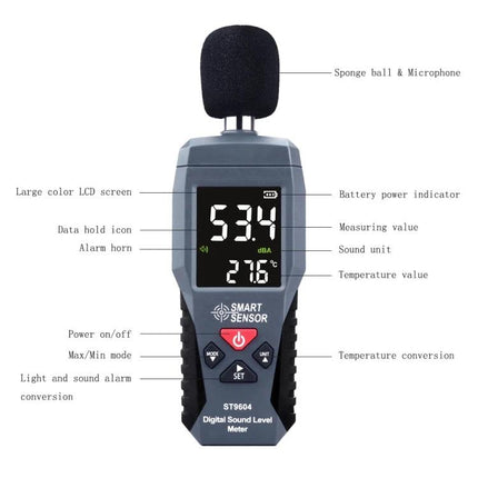 SmartSensor Decibel Detector for Everyday Noise Monitoring handheld digital sound level meter with LCD, microphone windscreen and temperature readout