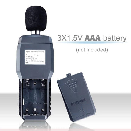 SmartSensor Decibel Detector for Everyday Noise Monitoring showing open battery compartment and foam mic windscreen
