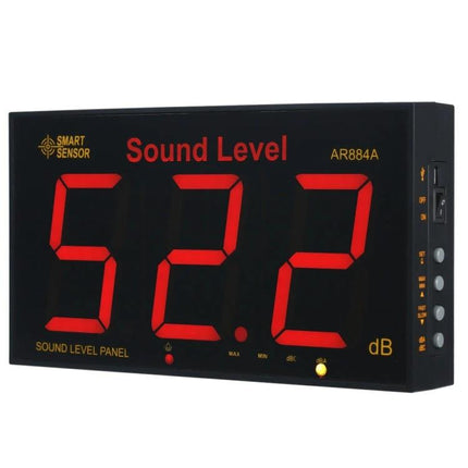 SmartSensor Wall Mounted Sound Level Meter for Noise Monitoring on wall showing 52.2 dB large red LED display