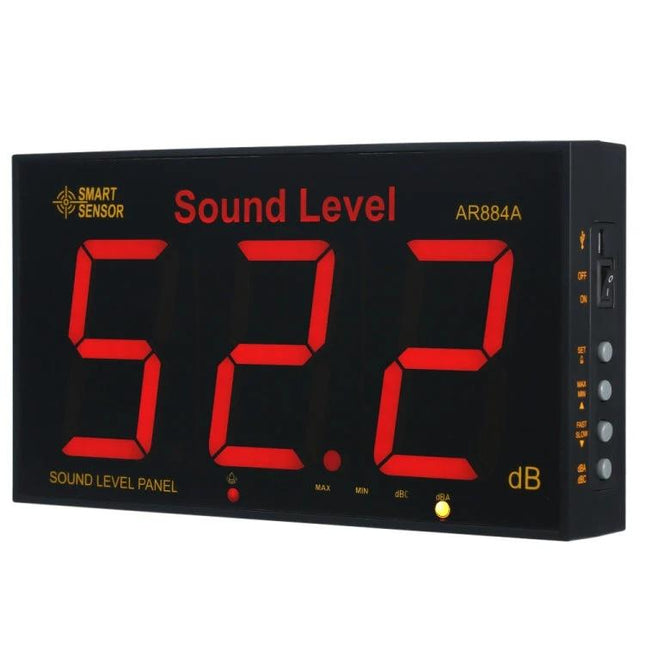 SmartSensor Wall Mounted Sound Level Meter for Noise Monitoring on wall showing 52.2 dB large red LED display