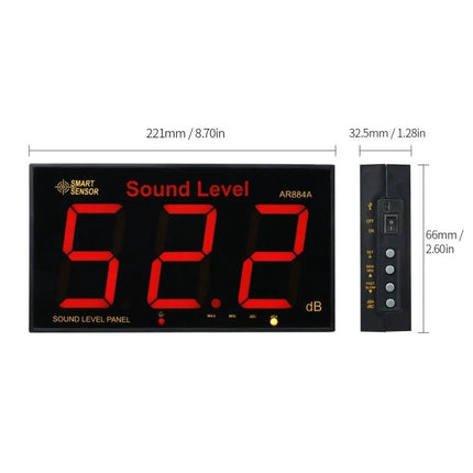 SmartSensor Wall Mounted Sound Level Meter for Noise Monitoring large LED display showing 52.2 dB with dimensions and side controls