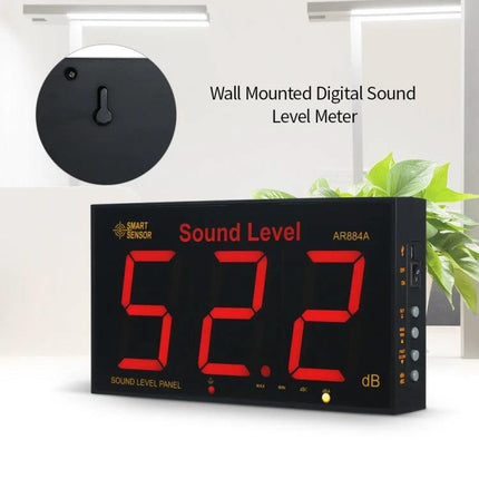 SmartSensor Wall Mounted Sound Level Meter for Noise Monitoring — black digital wall display showing 52.2 dB for office or industrial noise tracking