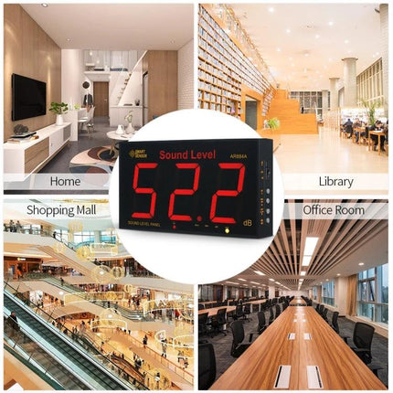 SmartSensor Wall Mounted Sound Level Meter for Noise Monitoring wall-mounted digital display showing 52.2 dB in home office library and mall settings