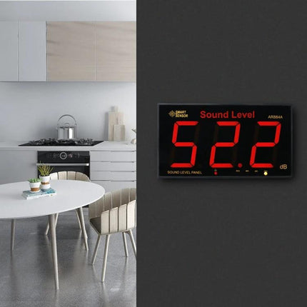 SmartSensor Wall Mounted Sound Level Meter for Noise Monitoring displaying 52.2 dB on kitchen wall