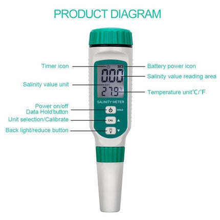 SmartSensor Handheld Digital Salinometer for Salinity Measurement - handheld salinity meter with display, buttons, and probe for aquaculture and water testing