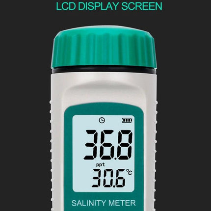 SmartSensor Handheld Digital Salinometer for Salinity Measurement - handheld salinity meter displaying 36.8 ppt and 30.6°C on LCD screen