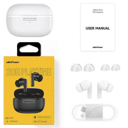 Ulefone Buds Wireless Earbuds For Commute Work And Calls white earbuds, case, box, manual and accessories arranged flat