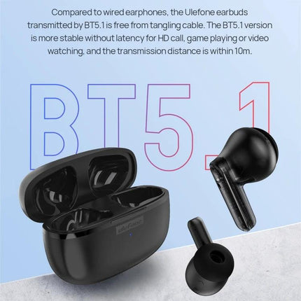 Ulefone Buds Wireless Earbuds For Commute Work And Calls sleek black earbuds with charging case and Bluetooth 5.1 text