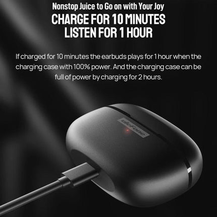 Ulefone Buds Wireless Earbuds For Commute Work And Calls showing charging case with cable and fast 10‑minute charge text