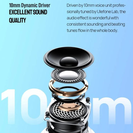 Ulefone Buds Wireless Earbuds For Commute Work And Calls showing exploded 10mm driver diagram and sound quality text