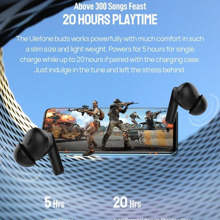 Ulefone Buds Wireless Earbuds For Commute Work And Calls black semi-in-ear with 20 hours playtime and Bluetooth 5.1