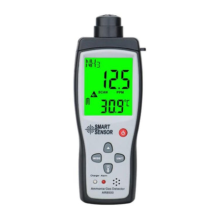 SmartSensor Handheld Ammonia Gas Detector for Industrial Use - handheld meter showing 12.5 ppm ammonia and 30.9°C on bright green display