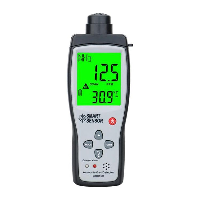 SmartSensor Handheld Ammonia Gas Detector for Industrial Use - handheld meter showing 12.5 ppm ammonia and 30.9°C on bright green display