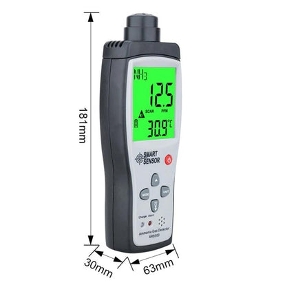 SmartSensor Handheld Ammonia Gas Detector for Industrial Use handheld unit displaying ammonia ppm and temperature with dimensions