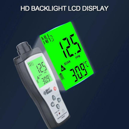 SmartSensor Handheld Ammonia Gas Detector for Industrial Use showing HD backlight LCD with 12.5 ppm reading and temperature display