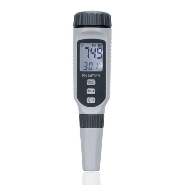SmartSensor Portable pH and Temperature Water Tester Pen displaying pH 7.49 and 30.1°C on digital screen for aquarium and hydroponic monitoring