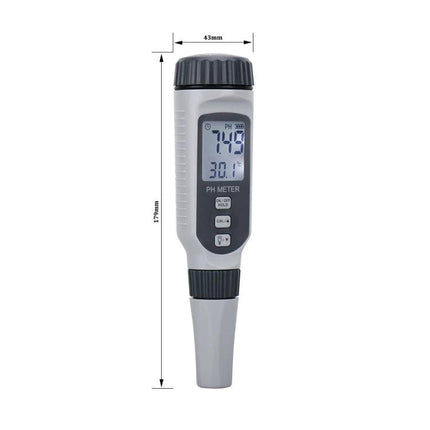 SmartSensor Portable pH and Temperature Water Tester Pen showing digital display with pH 7.49 and 30.1°C, ideal for aquariums and hydroponics