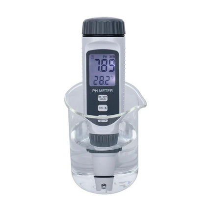 SmartSensor Portable pH and Temperature Water Tester Pen measuring pH 7.85 and 28.2°C in a beaker for aquarium and hydroponic monitoring