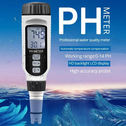 SmartSensor Portable pH and Temperature Water Tester Pen showing LCD pH 7.49 and 30.1°C for aquarium and hydroponic water testing
