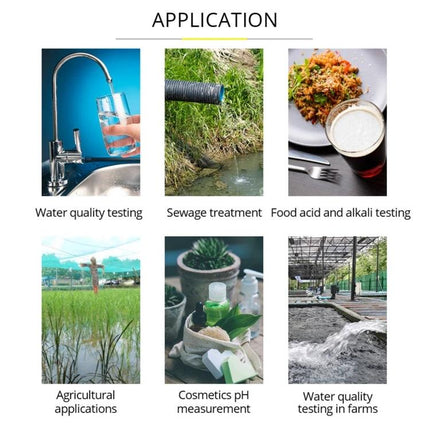 SmartSensor Portable pH and Temperature Water Tester Pen showing applications: water quality, sewage, food, agriculture, cosmetics, and farms