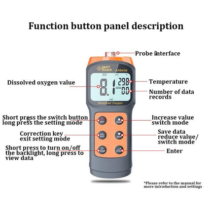 SmartSensor Portable Dissolved Oxygen Meter for Water Testing handheld device showing probe interface, screen with DO and temperature readings and labeled buttons