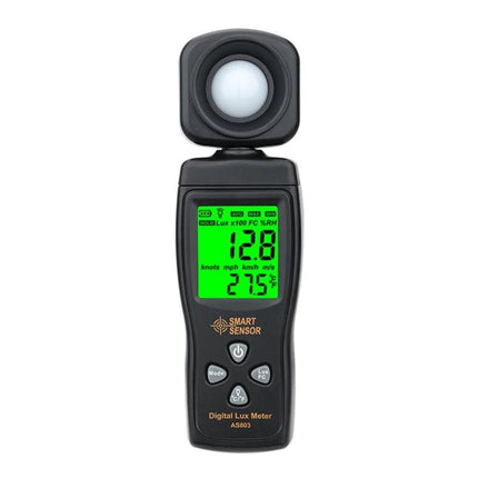 SmartSensor Handheld Light Meter for Home and Office Use showing digital lux meter with green backlit display measuring light levels