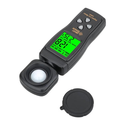 SmartSensor Handheld Light Meter for Home and Office Use showing handheld meter with sensor cap removed and green backlit display
