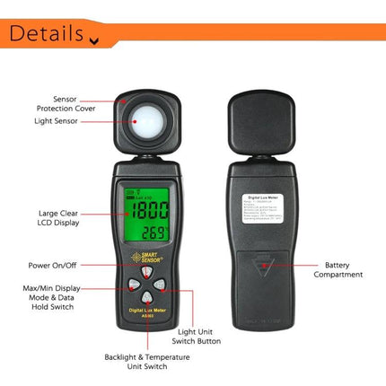 SmartSensor Handheld Light Meter for Home and Office Use showing front and back with LCD display, sensor cover, buttons and battery compartment