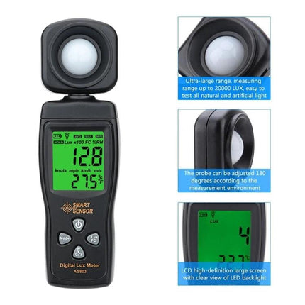 SmartSensor Handheld Light Meter for Home and Office Use — handheld digital lux meter with rotating sensor and backlit LCD