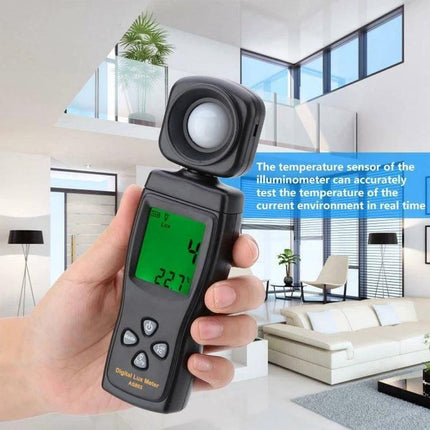SmartSensor Handheld Light Meter for Home and Office Use handheld in modern living room showing LCD reading and sensor