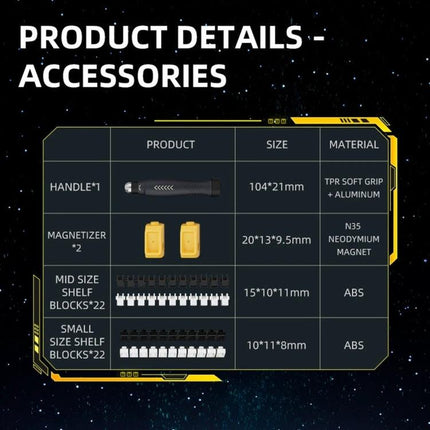JAKEMY Multi-Function Screwdriver Tool Set with Assemblable Blocks product details and accessories chart showing handle magnetizer and block sizes