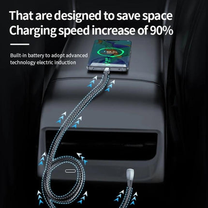 Essential USB-C to USB-C Cable for Everyday Device Charging - nylon braided cable in car charging a phone, zinc alloy connectors, space-saving coiled design