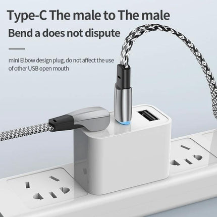 USB-C to Lightning Cable for Everyday Device Charging braided zinc alloy cable plugged into USB-C adapter on power strip