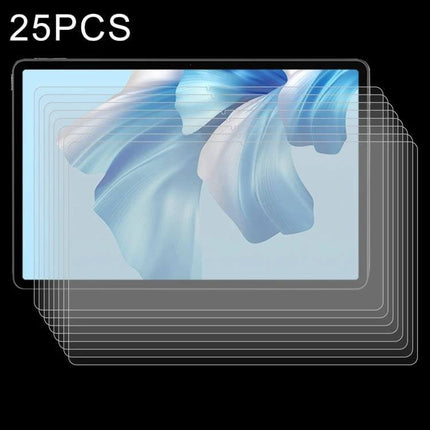 Tempered Glass Screen Protectors for Tablets, 25 Pack Set showing stacked ultra-thin clear protectors on a tablet display