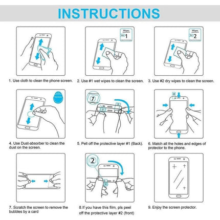 Tempered Glass Screen Protectors for Tablets, 25 Pack Set installation instructions diagram showing cleaning, aligning, and applying protectors