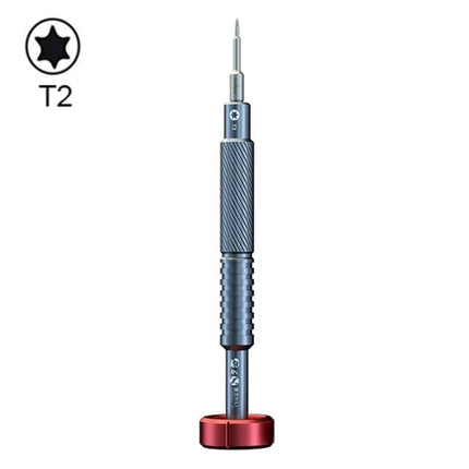 Portable Alloy Magnetic Screwdriver Kit for Phone Repair shown upright T2 magnetic screwdriver with textured grip and red base