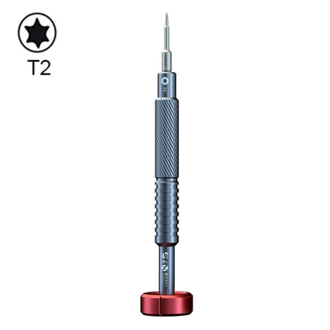 Portable Alloy Magnetic Screwdriver Kit for Phone Repair shown upright T2 magnetic screwdriver with textured grip and red base