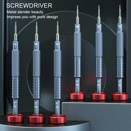 Portable Alloy Magnetic Screwdriver Kit for Phone Repair showing six compact alloy magnetic screwdrivers with textured grips and red bases