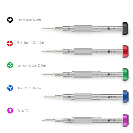 2UUL Colorful Flyshaft Screwdriver for Phone Repair Tools showing five color‑coded precision screwdrivers for mobile device disassembly