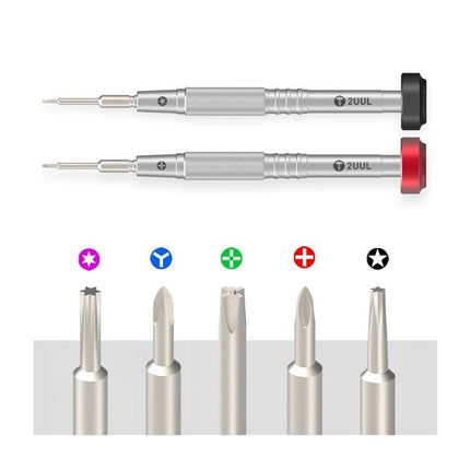 2UUL Colorful Flyshaft Screwdriver for Phone Repair Tools showing two precision screwdrivers with anti-slip handles and five interchangeable bits