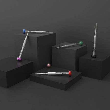 2UUL Colorful Flyshaft Screwdriver for Phone Repair Tools showing multiple colorful-handled precision screwdrivers on black display blocks